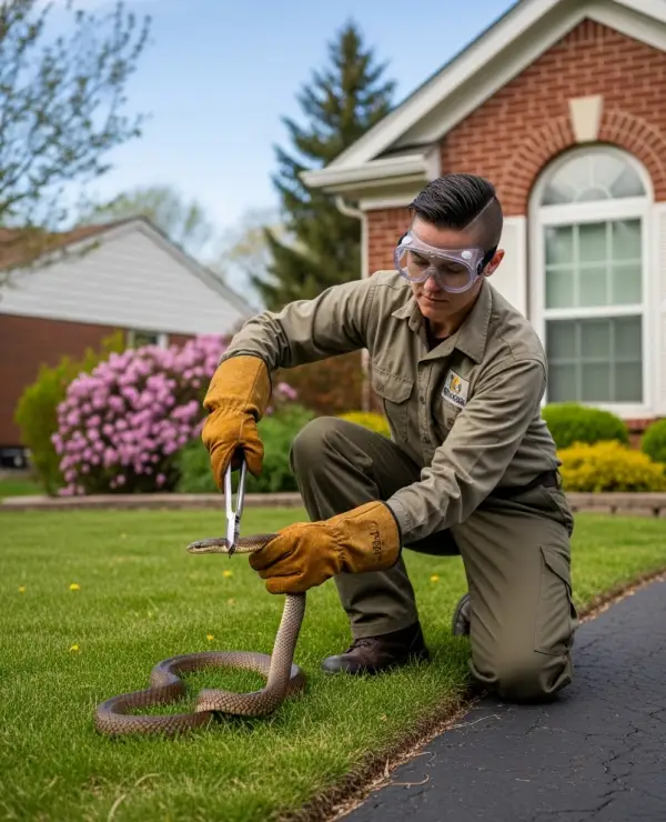 technician catchng a snake on homeowners front yard