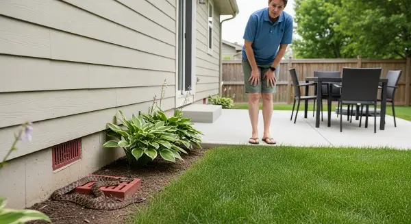 homeowner looking at snake near the foundation of the home